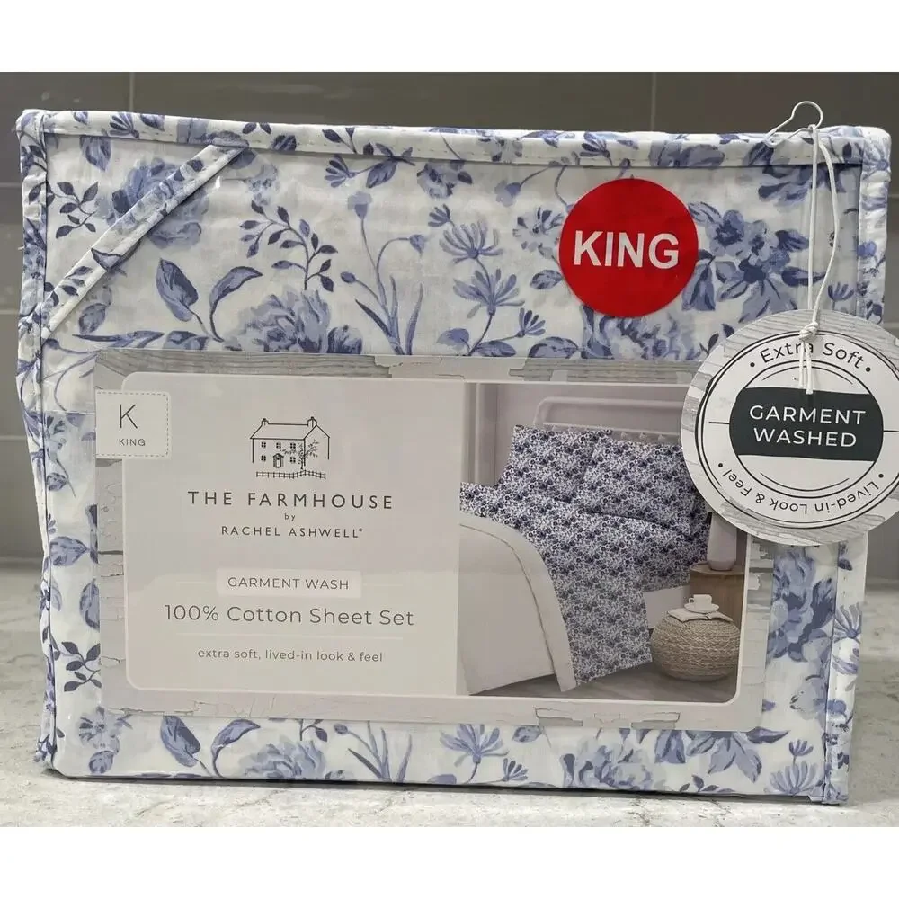 The Farmhouse KING Rachel Ashwell 100% Cotton Flower Floral Blue White Sheet Set